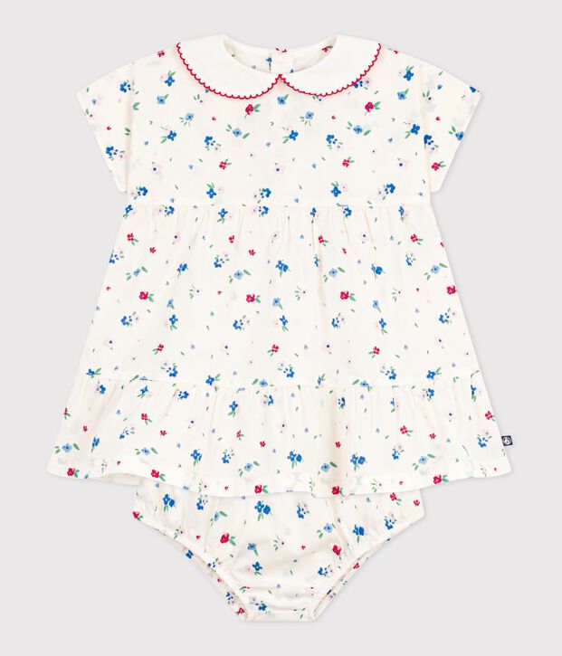 Babies' short-sleeved cotton dress and matching bloomers printed with hearts white/multicolor