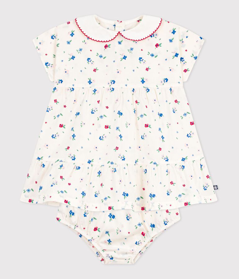 Babies' short-sleeved cotton dress and matching bloomers printed with hearts MARSHMALLOW white/MULTICO white