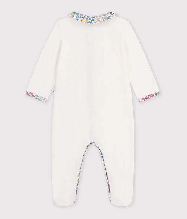Babies' pyjama suit in plain velour with a collar and floral print detail white
