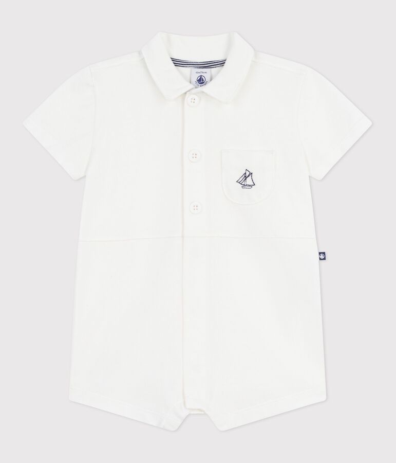 Babies' short plain cotton jumpsuit with a polo collar MARSHMALLOW white