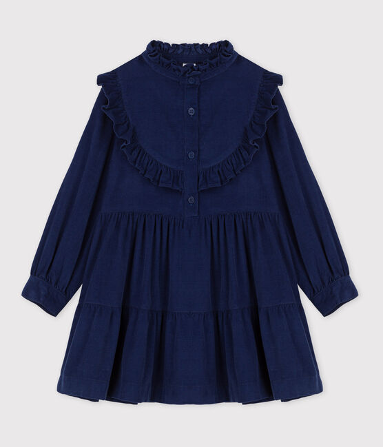 Girls' Long-Sleeved Velvet Dress BLEU FONCE