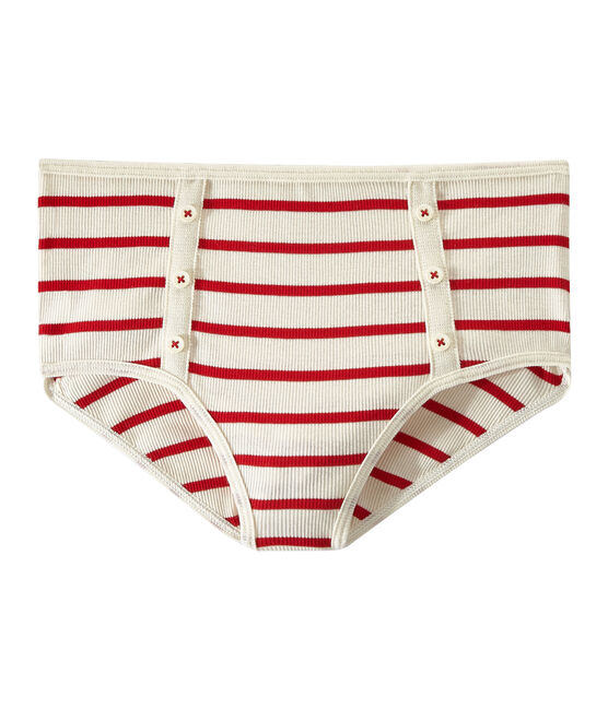 High-waisted pants with 2x2 ribbing COQUILLE beige/TERKUIT red