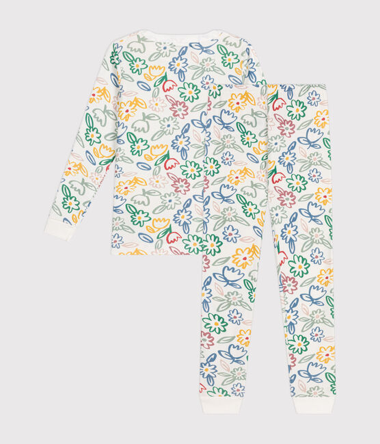 Children's fitted floral cotton print pyjamas MARSHMALLOW white/MULTICO white