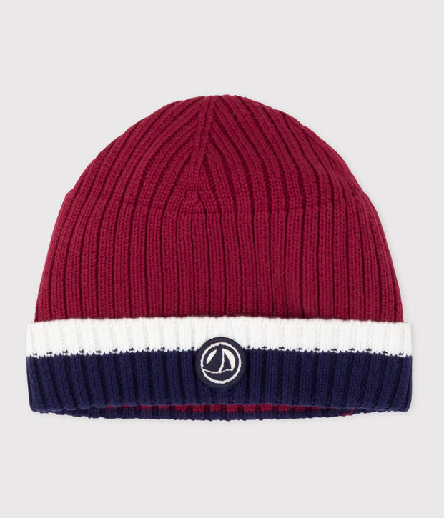 Babies' knitted beanie with a fleece lining red/multicolor