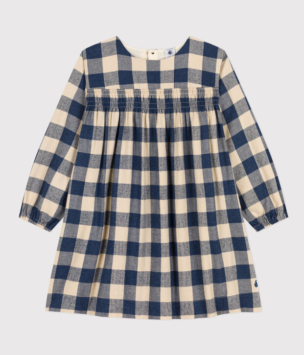 Girls' long-sleeved dress in checked cotton flannel blue/ecru