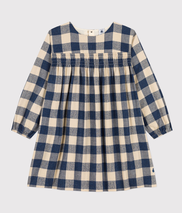 Girls' long-sleeved dress in checked cotton flannel blue/ecru