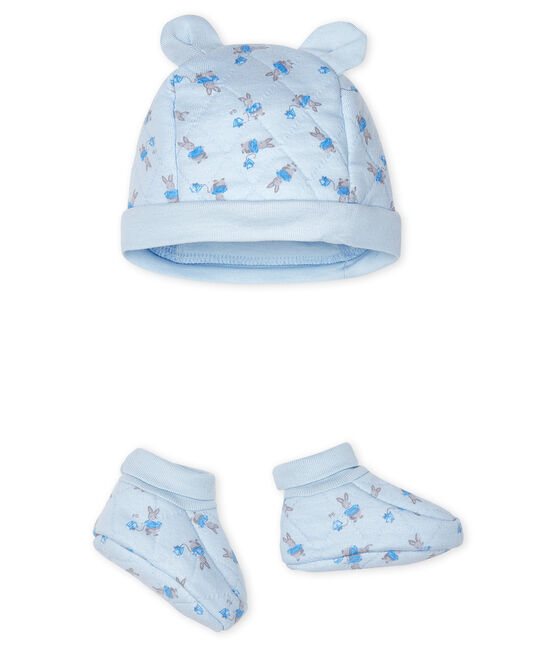 Baby Bonnet and Bootees Set in Tube Knit FRAICHEUR blue/MULTICO white