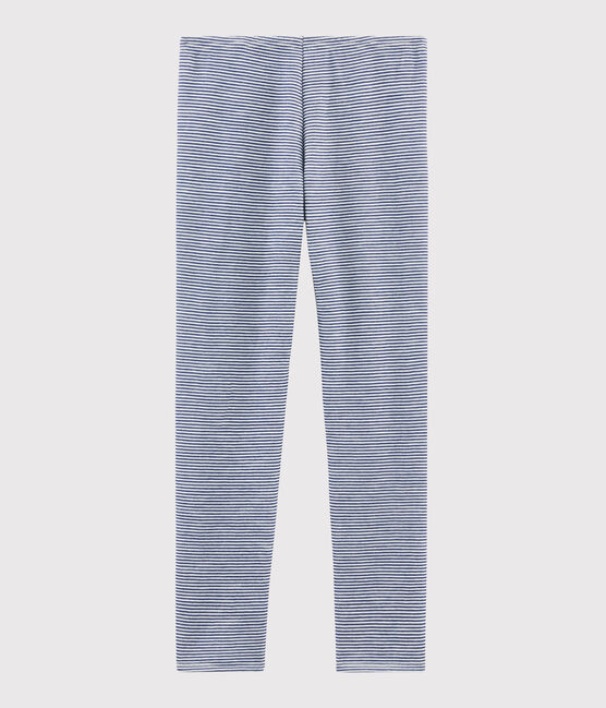 Children's Pinstriped Leggings in Wool and Cotton MEDIEVAL blue/MARSHMALLOW white