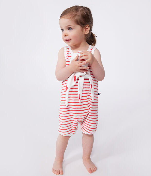 Babies' short stripy cotton jumpsuit red/red