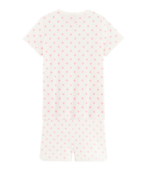Girls' starry pink short pyjamas in cotton. MARSHMALLOW white/GRETEL pink