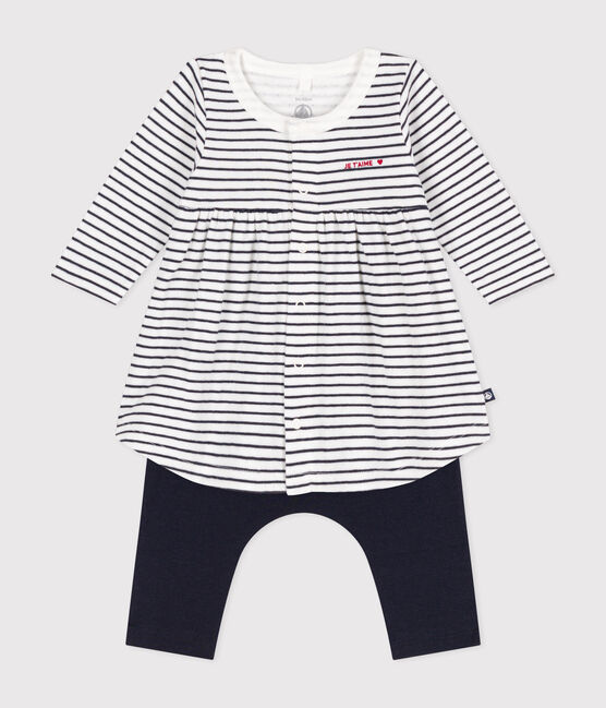 Babies' cotton Breton dress with leggings MARSHMALLOW white/SMOKING blue