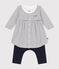 Babies' cotton Breton dress with leggings MARSHMALLOW white/SMOKING blue