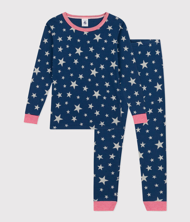 Children's glow in the dark star-printed cotton pyjamas blue/white