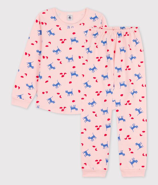 Girls' Cat Print Cotton Pyjamas MINOIS pink/MULTICO white
