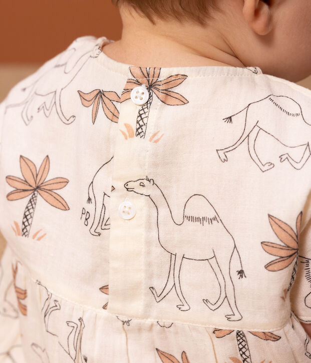 Babies' Short-Sleeved Organic Cotton Gauze Printed Dress Ecru/multicolor