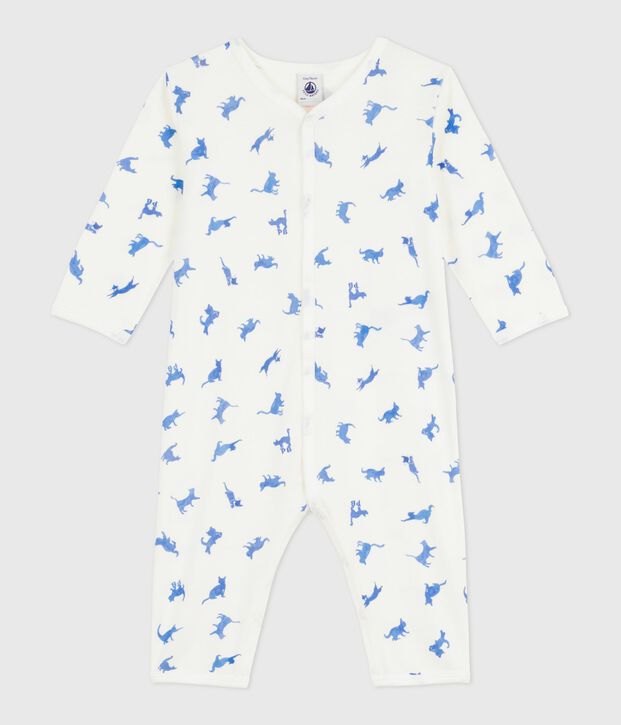 Babies' footless cotton pyjama suit printed with cats white/multicolor
