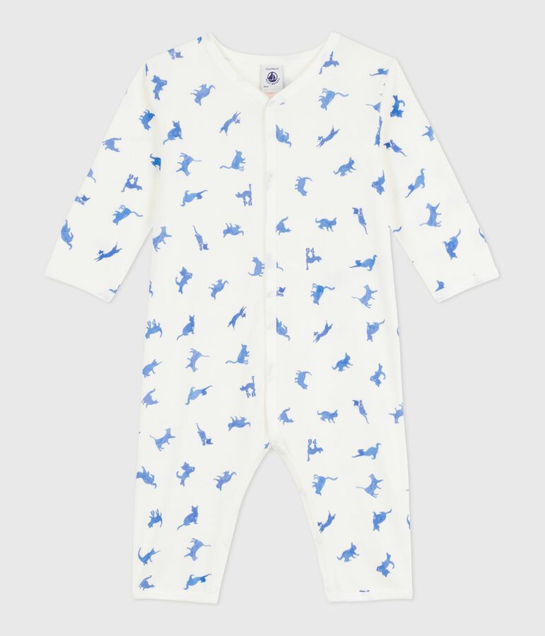 Babies' footless cotton pyjama suit printed with cats MARSHMALLOW white/MULTICO white