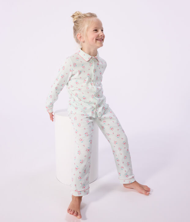 Children's buttoned printed cotton pyjamas white/blue/multicolor
