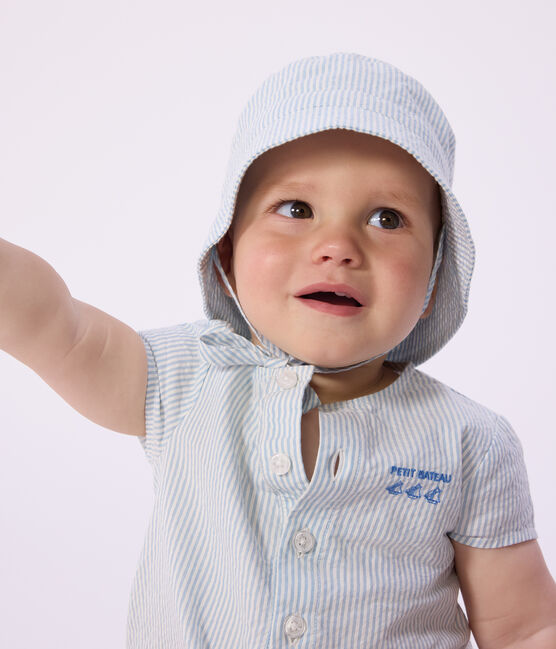 Babies' seersucker sun hat with ties FLO blue/MARSHMALLOW