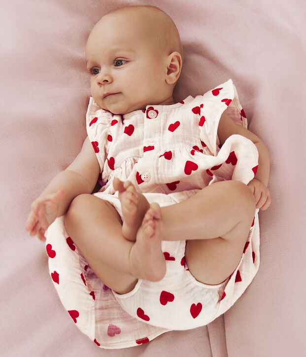 Babies' cotton baby dress with bloomers, printed with hearts red/red