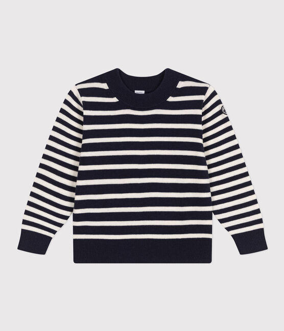 Children's Striped Wool and Cotton Pullover SMOKING blue/MARSHMALLOW white