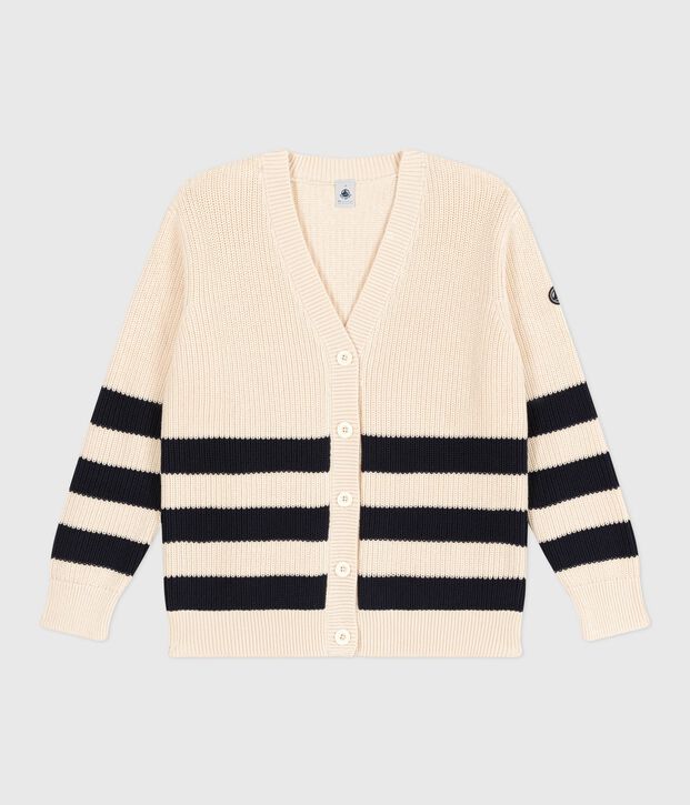 Women's stripy cotton cardigan Ecru/blue