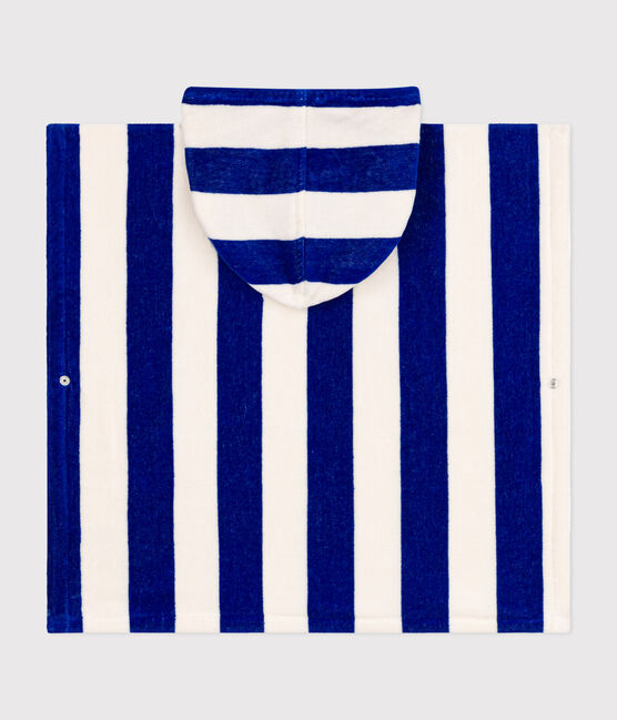 CHILDREN'S STRIPED TERRYCLOTH BATH PONCHO SURF blue/MARSHMALLOW white