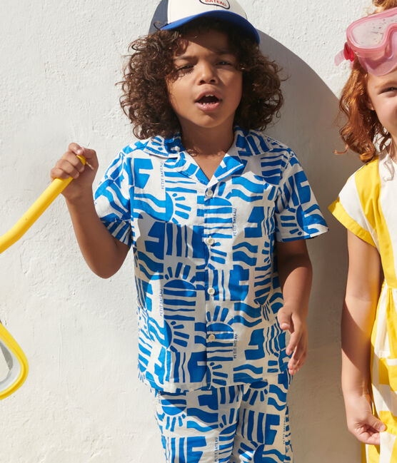 Children's short-sleeved printed cotton shirt MARSHMALLOW blue/PORCELANA