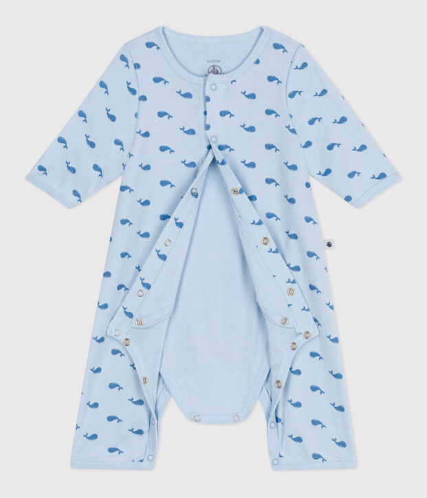 Babies' footless whale-patterned cotton bodyjama blue/blue
