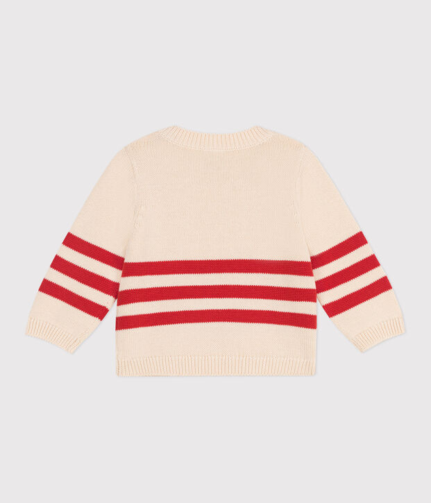 Babies' cotton jumper with placed stripes and a badge on the chest red/red