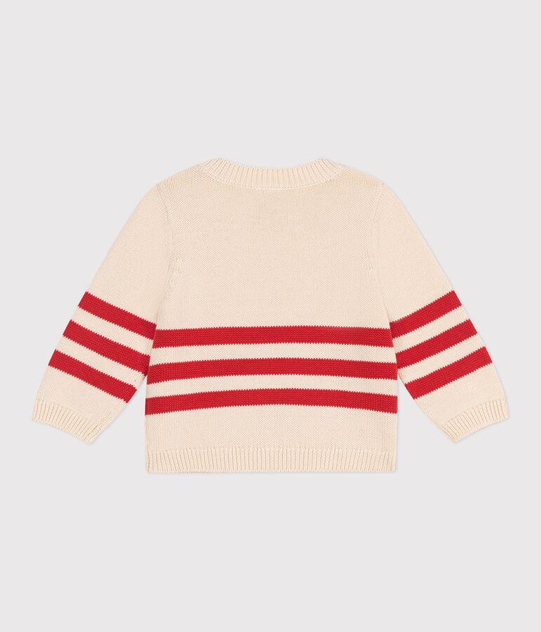 Babies' cotton jumper with placed stripes and a badge on the chest Ecru/red
