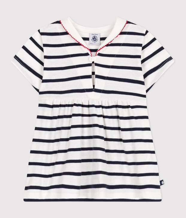 Babies' short-sleeved Breton top with a sailor collar white/blue