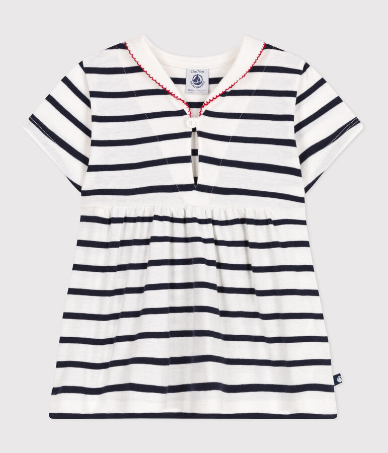 Babies' short-sleeved Breton top with a sailor collar MARSHMALLOW white/SMOKING blue