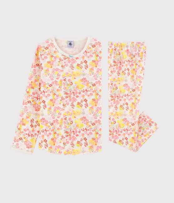 Girls' Watercolour Flowers Cotton Pyjamas MARSHMALLOW white/MULTICO white
