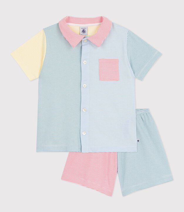 Children's short stripy buttoned cotton pyjamas white/multicolor