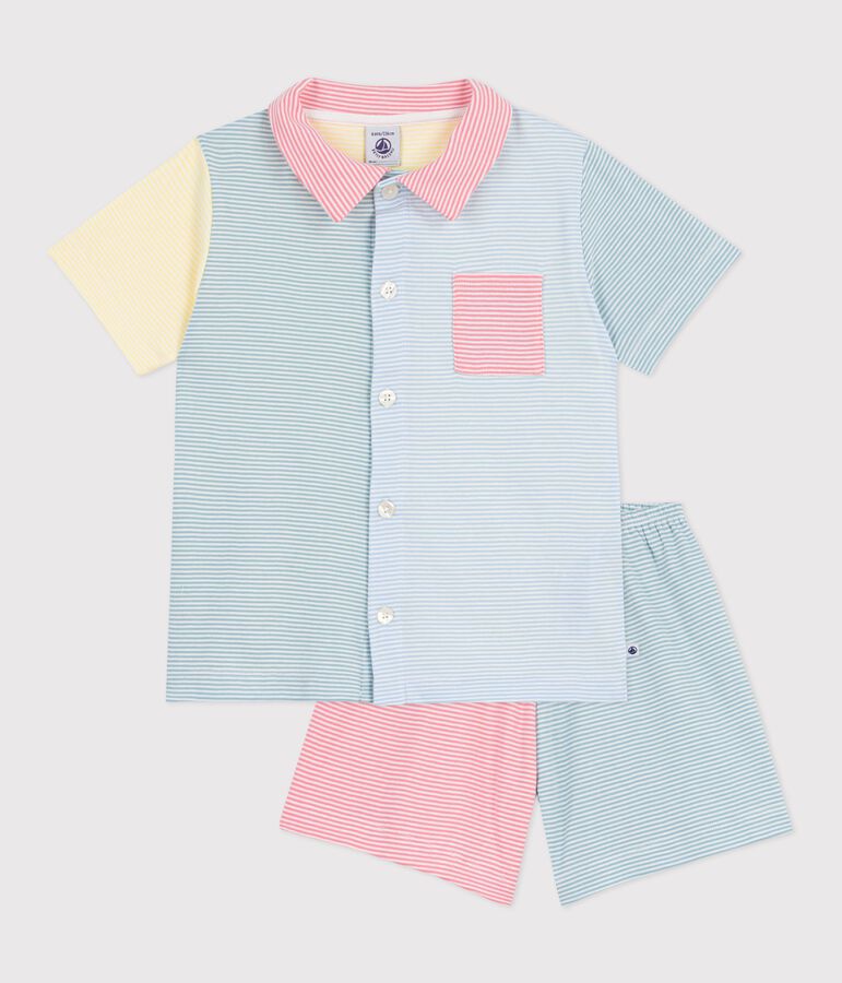 Children's short stripy buttoned cotton pyjamas white/multicolor