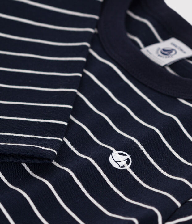 Boys' long-sleeved cotton T-shirt blue/white