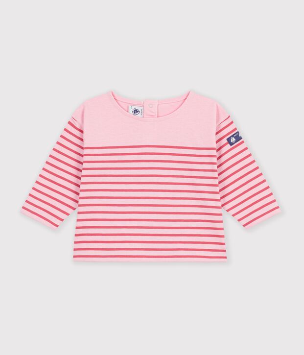 Babies' long-sleeved stripy cotton T-shirt. pink/pink
