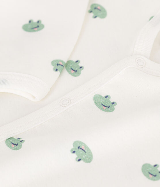 Babies' footless frog pattern cotton pyjamas MARSHMALLOW white/MULTICO white