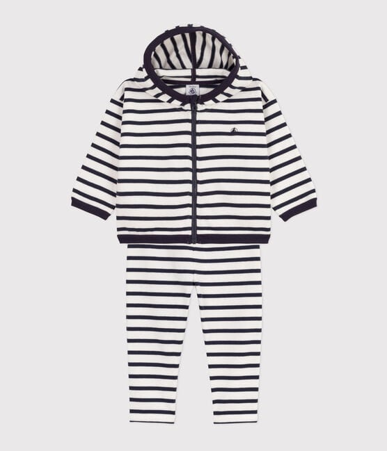 Babies' Thick Stripy Jersey Breton Outfit MARSHMALLOW white/SMOKING blue