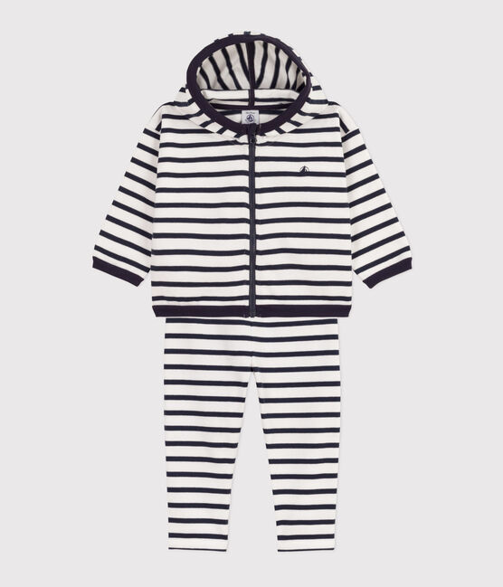 Babies' Thick Stripy Jersey Breton Outfit MARSHMALLOW white/SMOKING blue