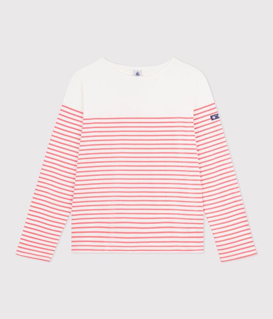 Women's stripy cotton Breton top MARSHMALLOW pink/FLAMAND