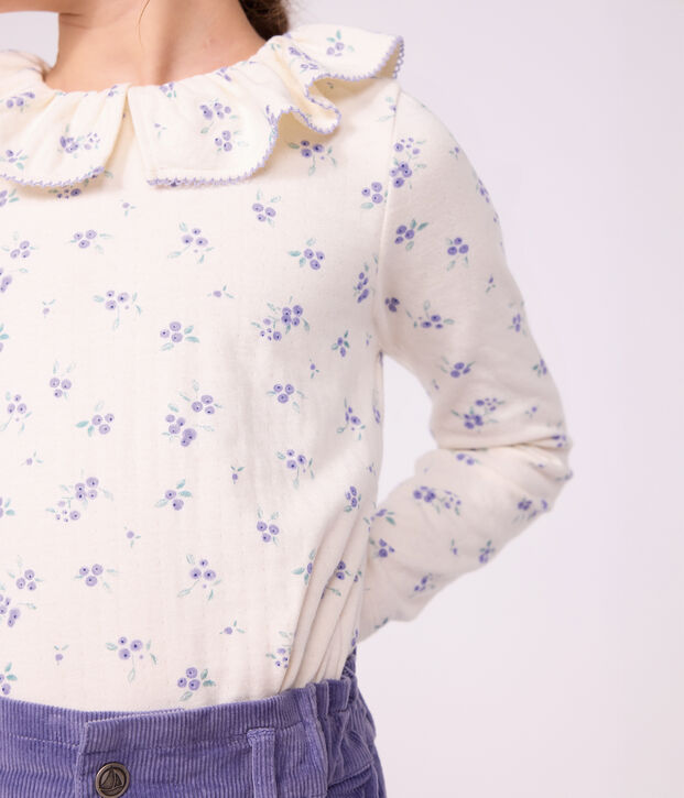 Children's long-sleeved floral T-shirt with a collar Ecru/multicolor