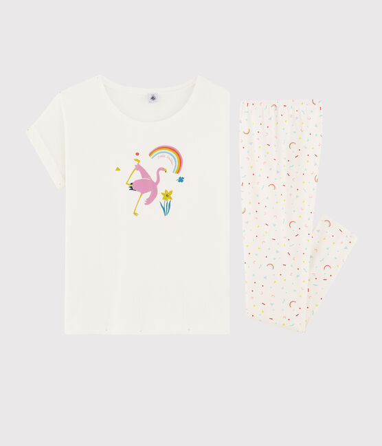 Girls' or Women's Pink Flamingo Ribbed Pyjamas MARSHMALLOW white/MULTICO white