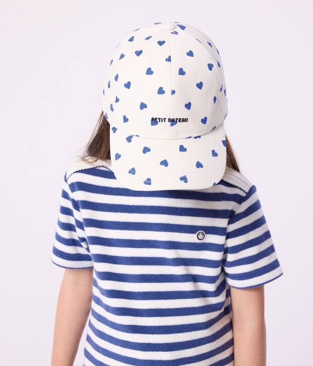 Children's cap in heart print twill white/blue