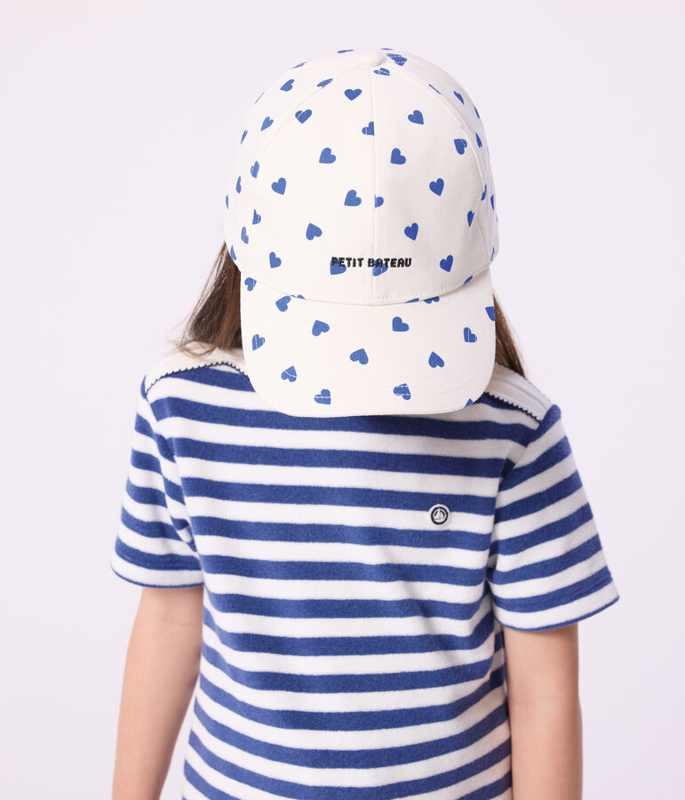 Children's cap in heart print twill white/blue