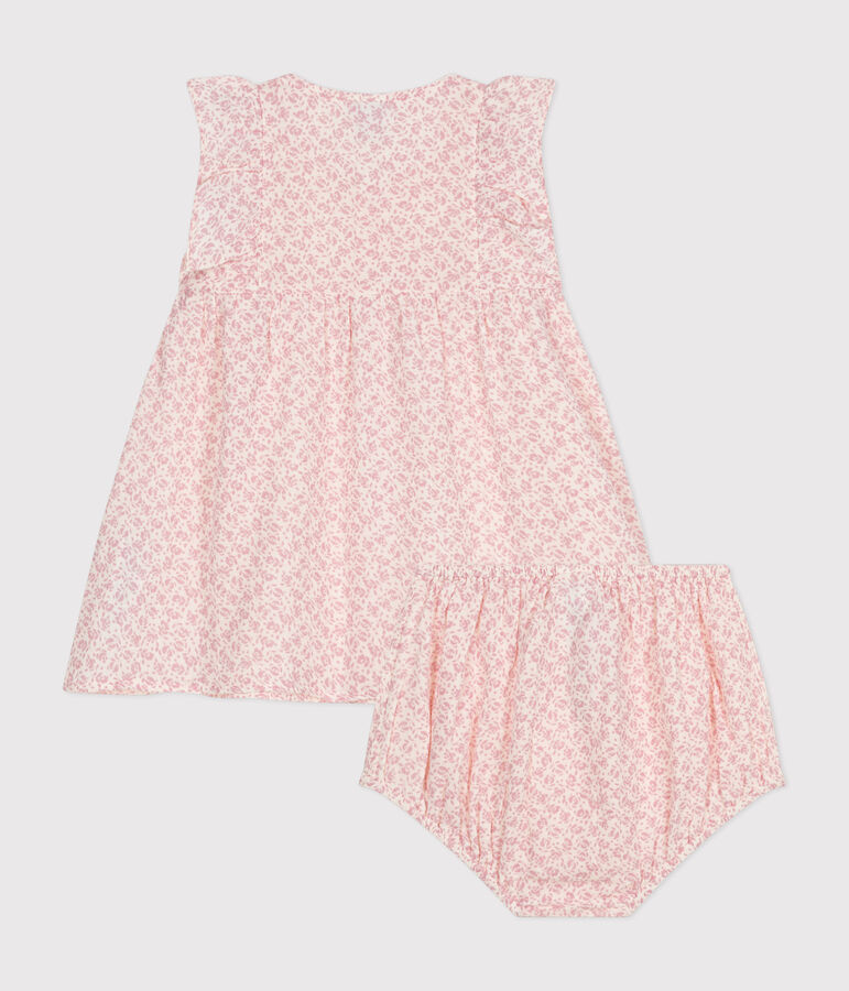 Babies' Cotton Gauze Short-Sleeved Dress and Bloomers Ecru/pink