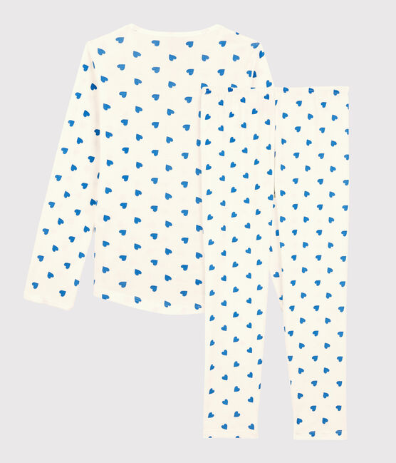 Girls' Blue Heart Patterned Cotton Pyjamas MARSHMALLOW white/BRASIER blue