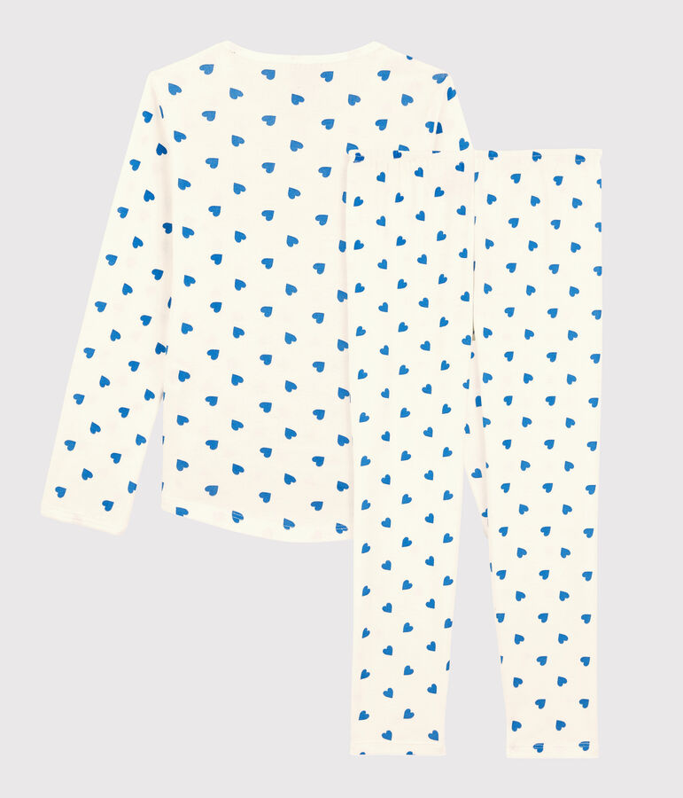 Girls' Blue Heart Patterned Cotton Pyjamas MARSHMALLOW white/BRASIER blue