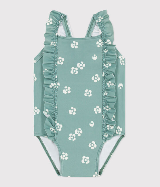 Babies' one-piece swimsuit with frills and a floral print. PAUL blue/MARSHMALLOW white